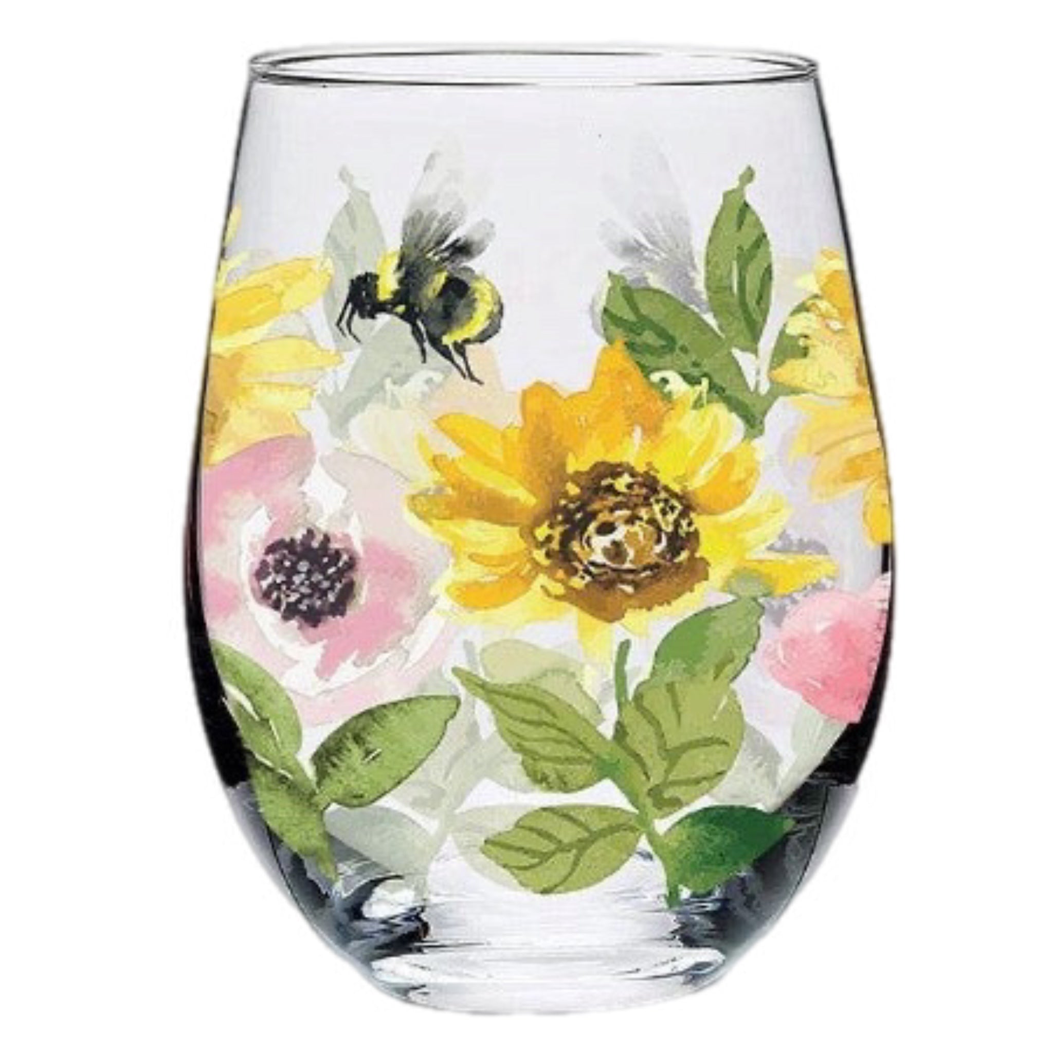 Sunflowers And Bees Stemless Wine Glass