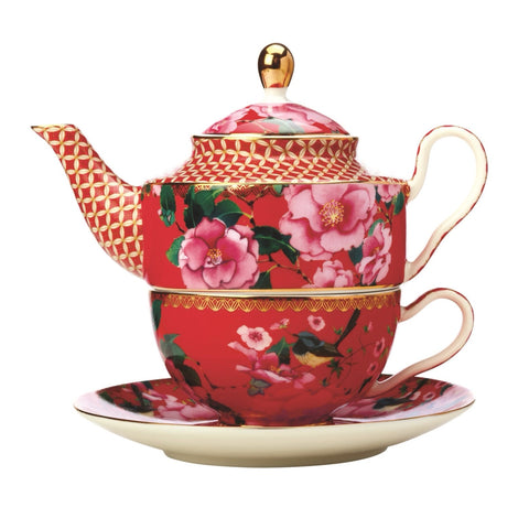 Red Lattice And Floral Tea For One