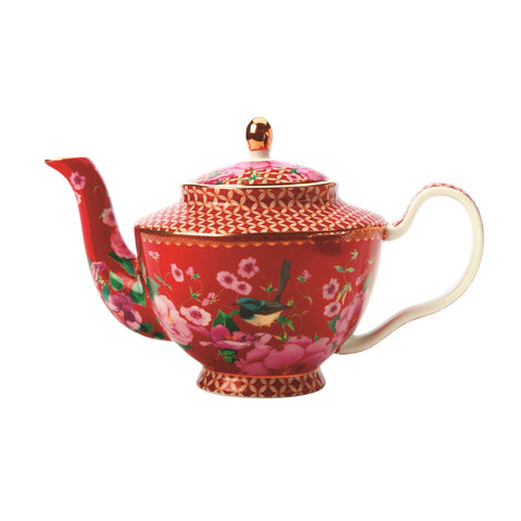 Red Lattice And Floral Teapot - Small