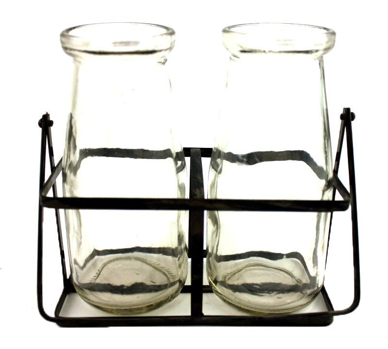 2 Milk Bottle Vases In Basket